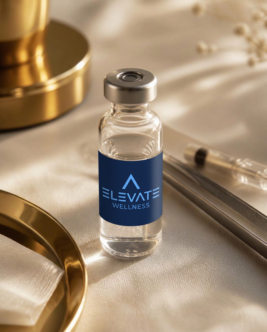 Peptide vial and precision instruments on linen